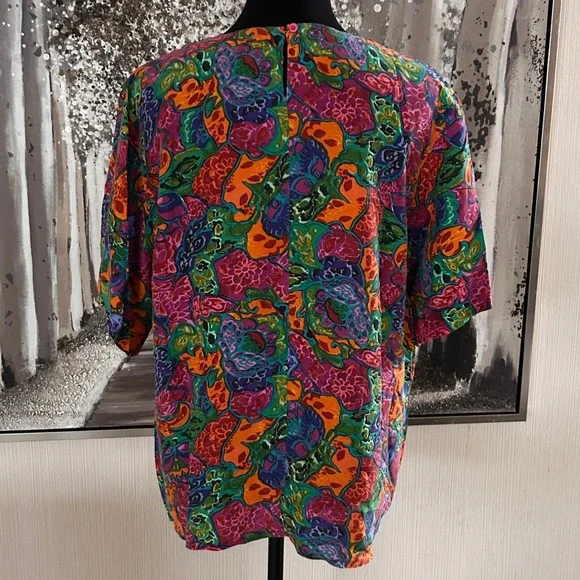 Marguerite LI Womens Multicolor 100% Silk Short Sleeve Crew Neck Blouse - Large - Picture 5 of 7